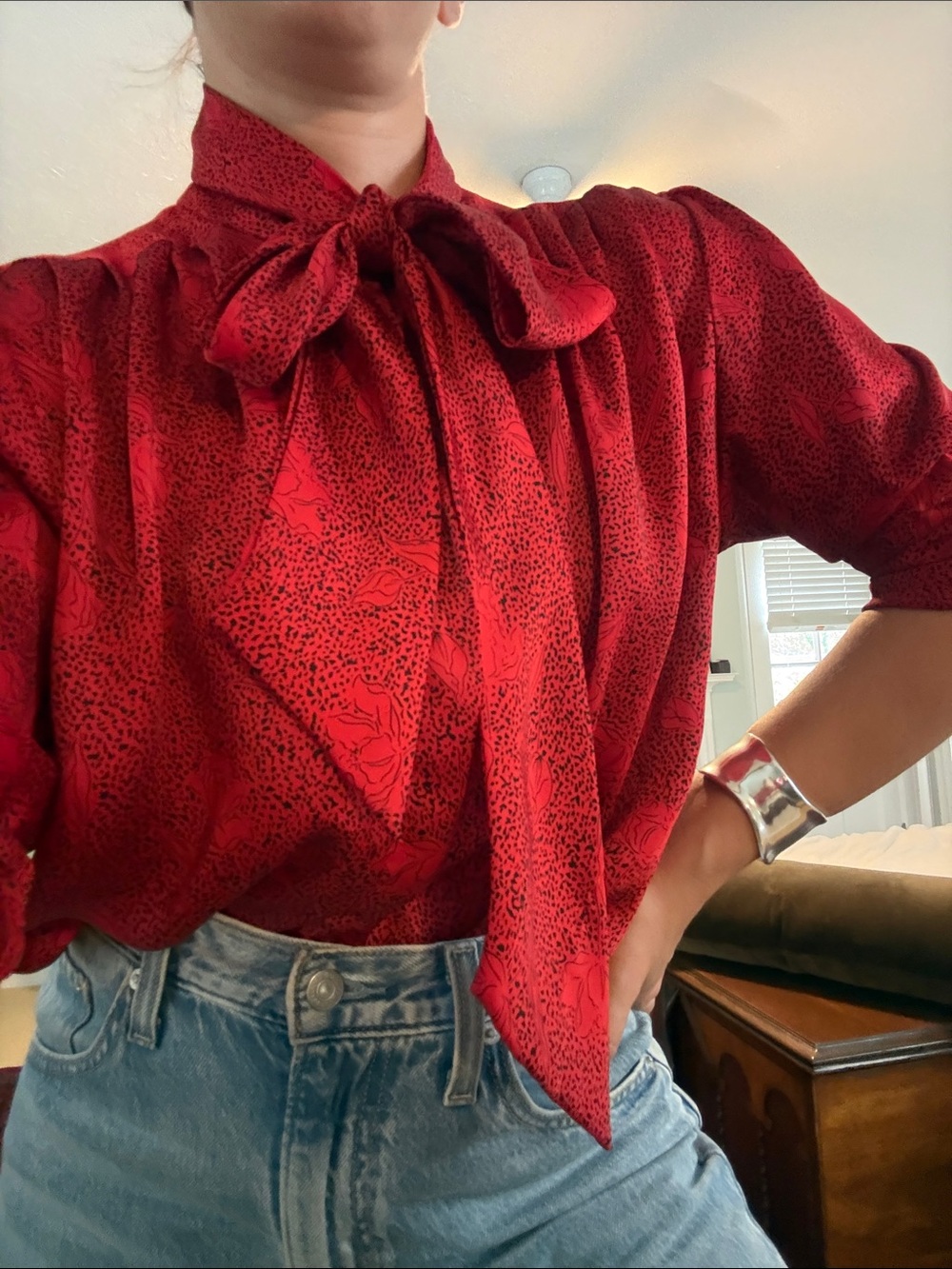 Vintage red tie neck blouse